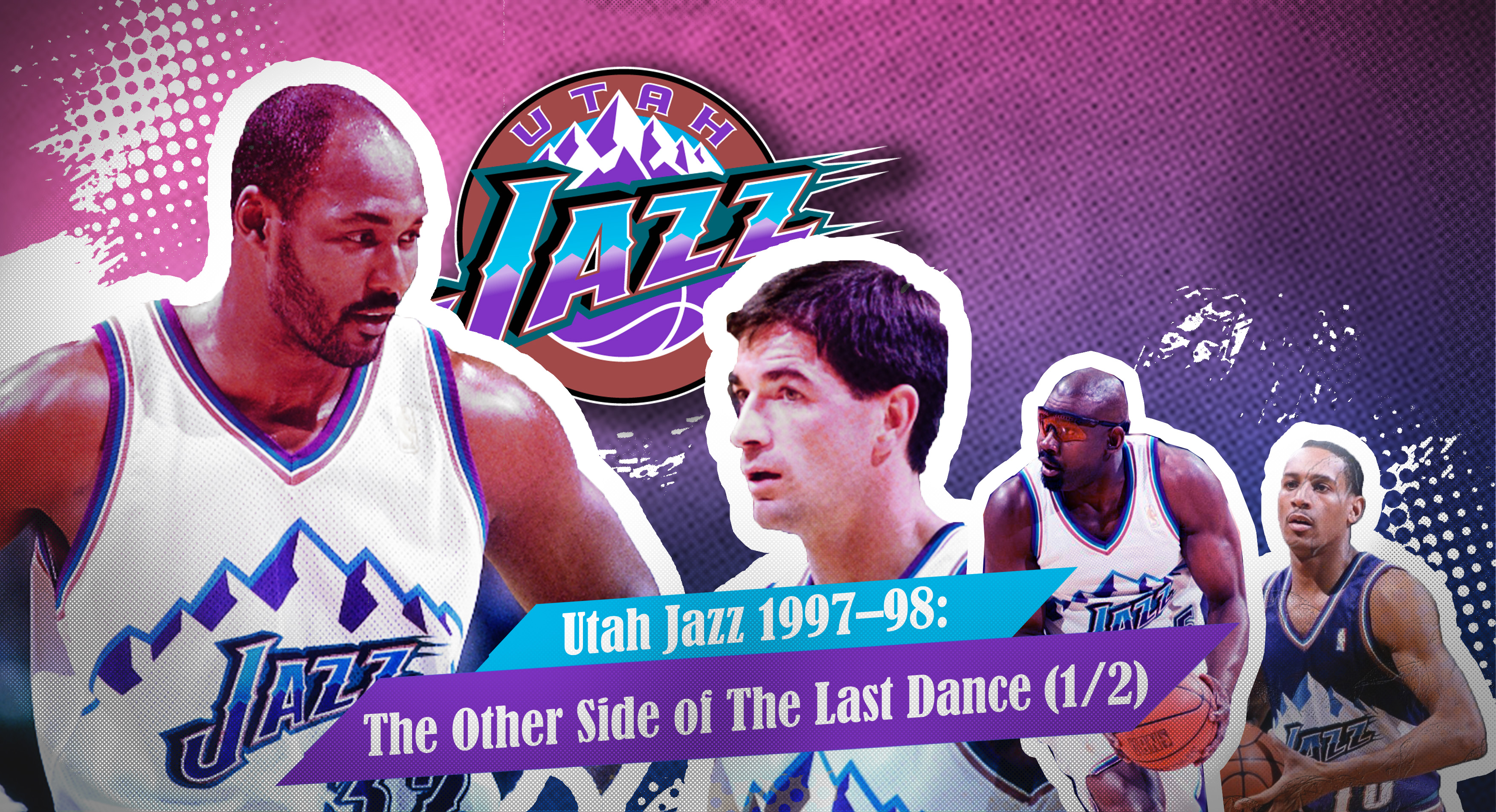 Utah Jazz 1997–98 team graphic featuring Karl Malone, John Stockton and key players, The Other Side of The Last Dance