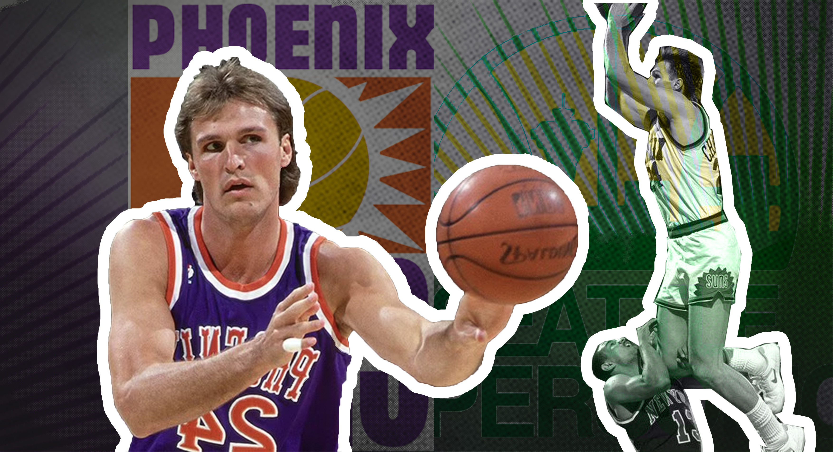 Tom Chambers in a Phoenix Suns-themed visual, featuring him in action with a basketball and finishing one of his signature high-flying dunks.