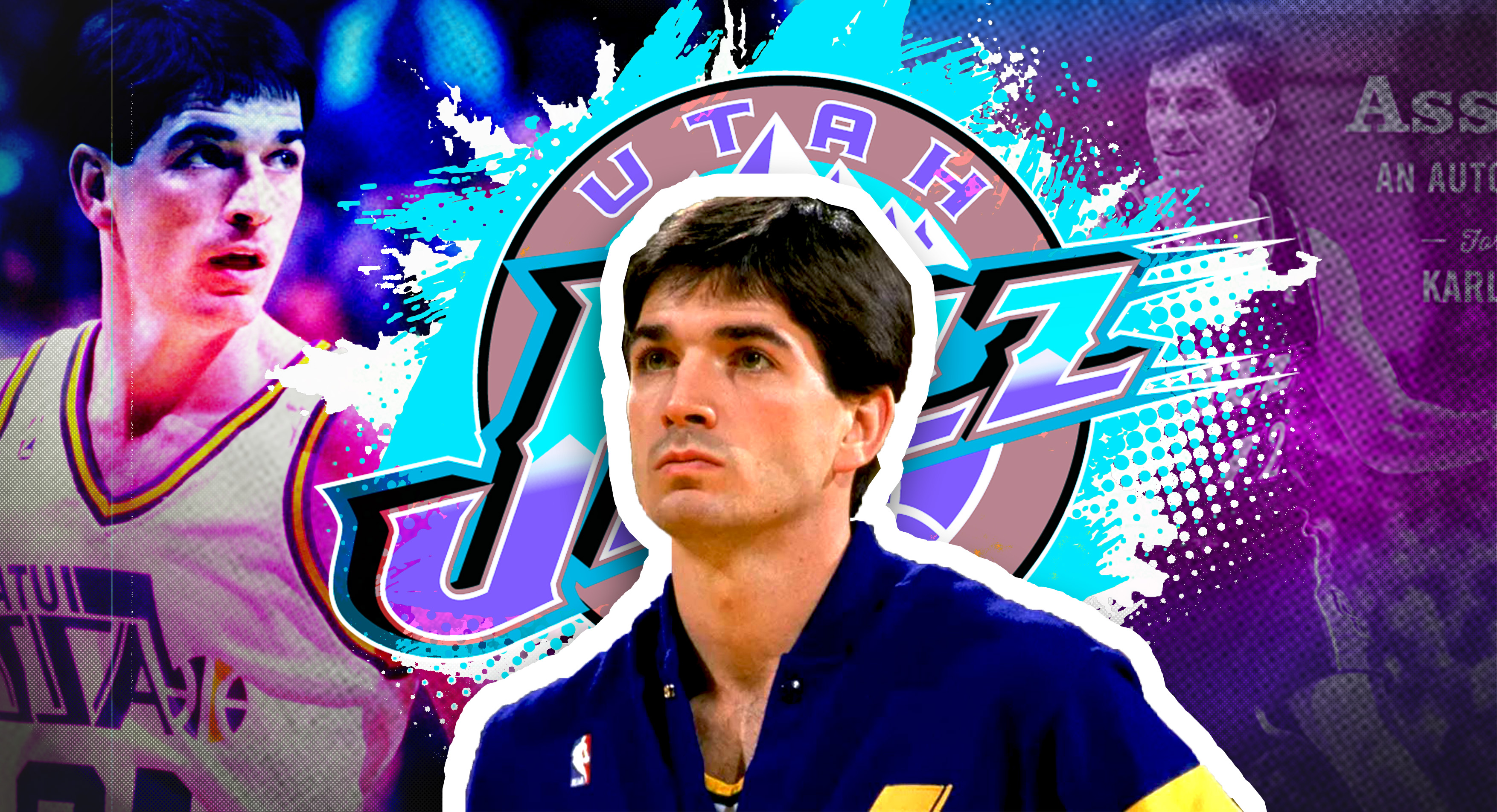 John Stockton graphic featuring Utah Jazz imagery and the cover of Assisted, his autobiography.