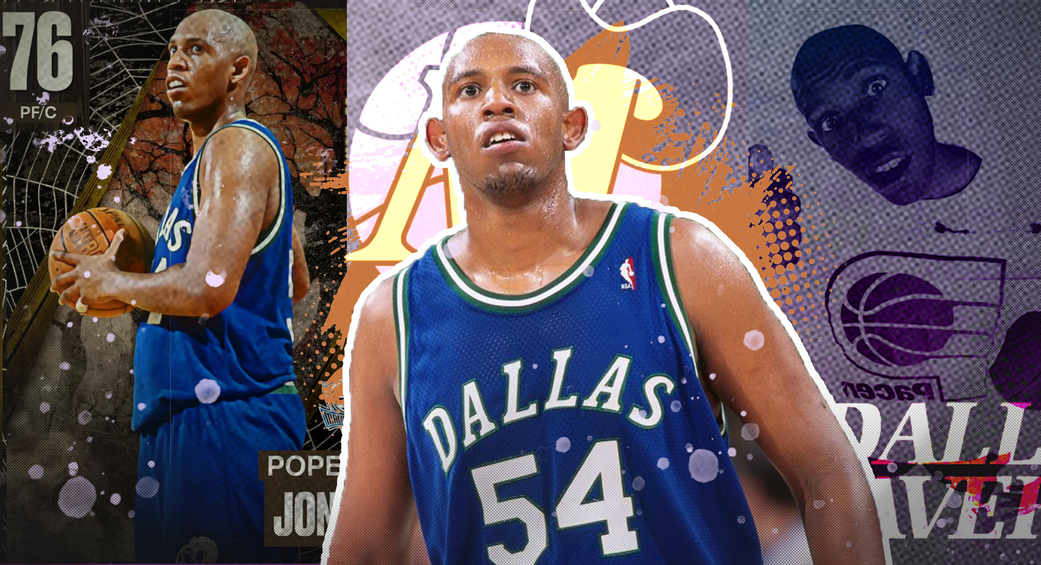 Wide banner for a Deep Bench Chronicles article on Popeye Jones, featuring the former Dallas Mavericks forward with a basketball-card inspired collage background.