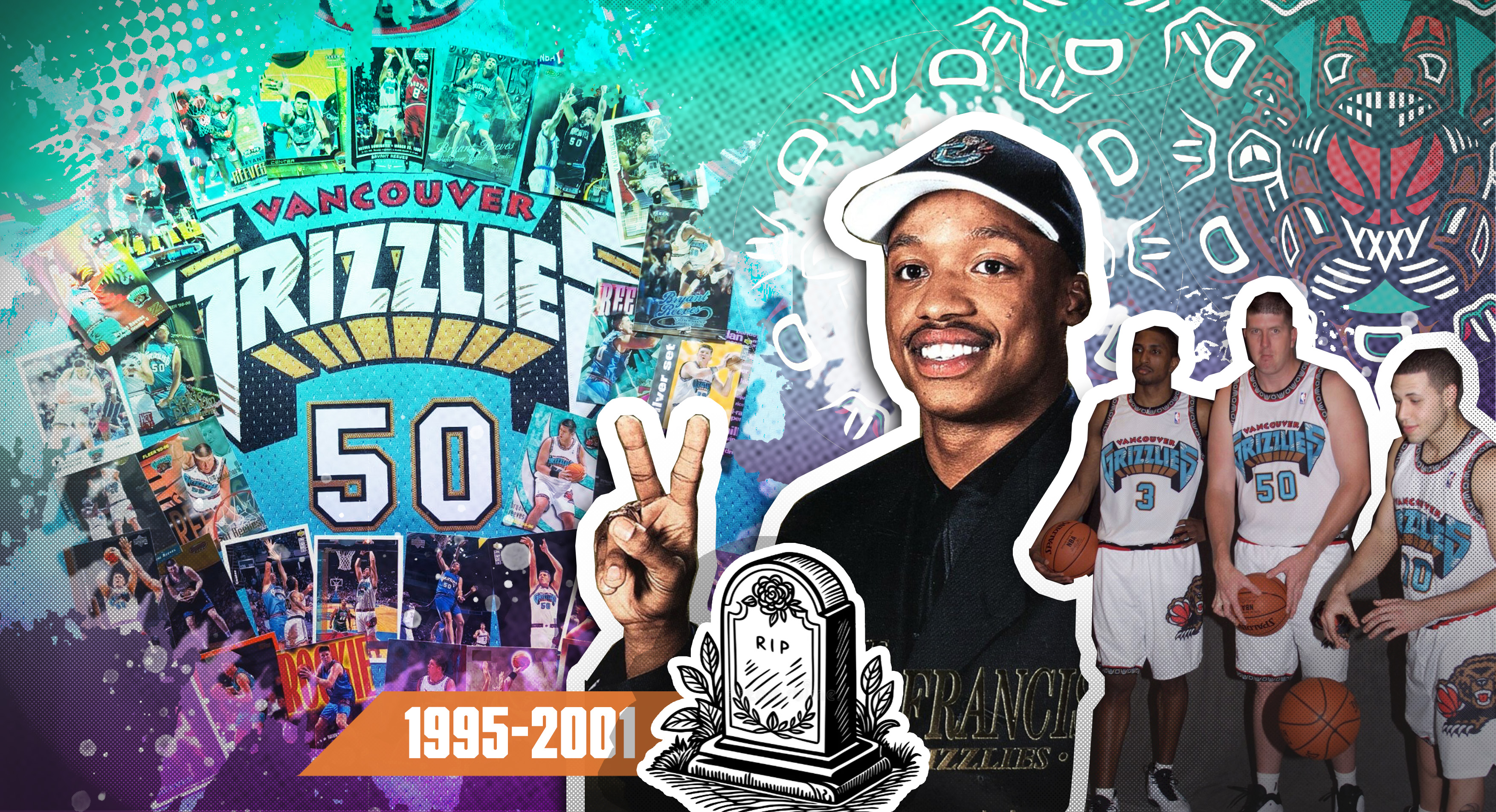 Collage of the Vancouver Grizzlies’ six NBA seasons, featuring Steve Francis, Bryant Reeves, Shareef Abdur-Rahim, Mike Bibby, and the team’s original colors and imagery.